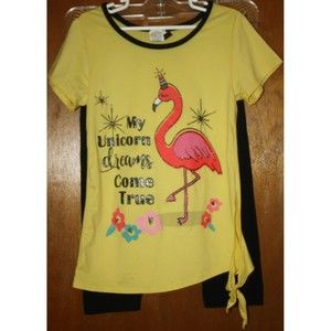 Girl's Set Of Two: Top & Capris Sz 7/8 Yellow Tie Hem Insta Girl & Black Pants